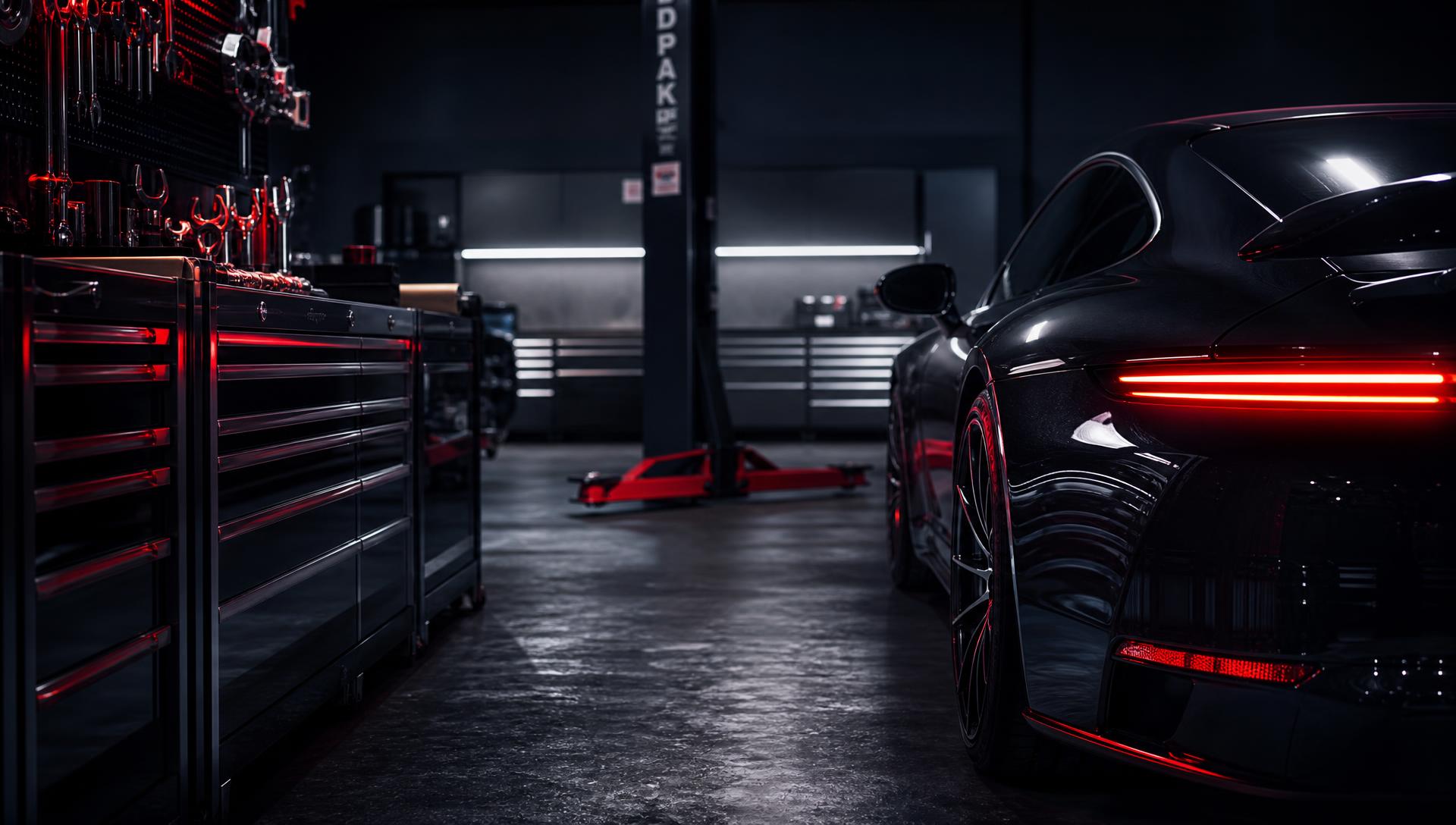 Premium vehicle workshop with dramatic red accent lighting