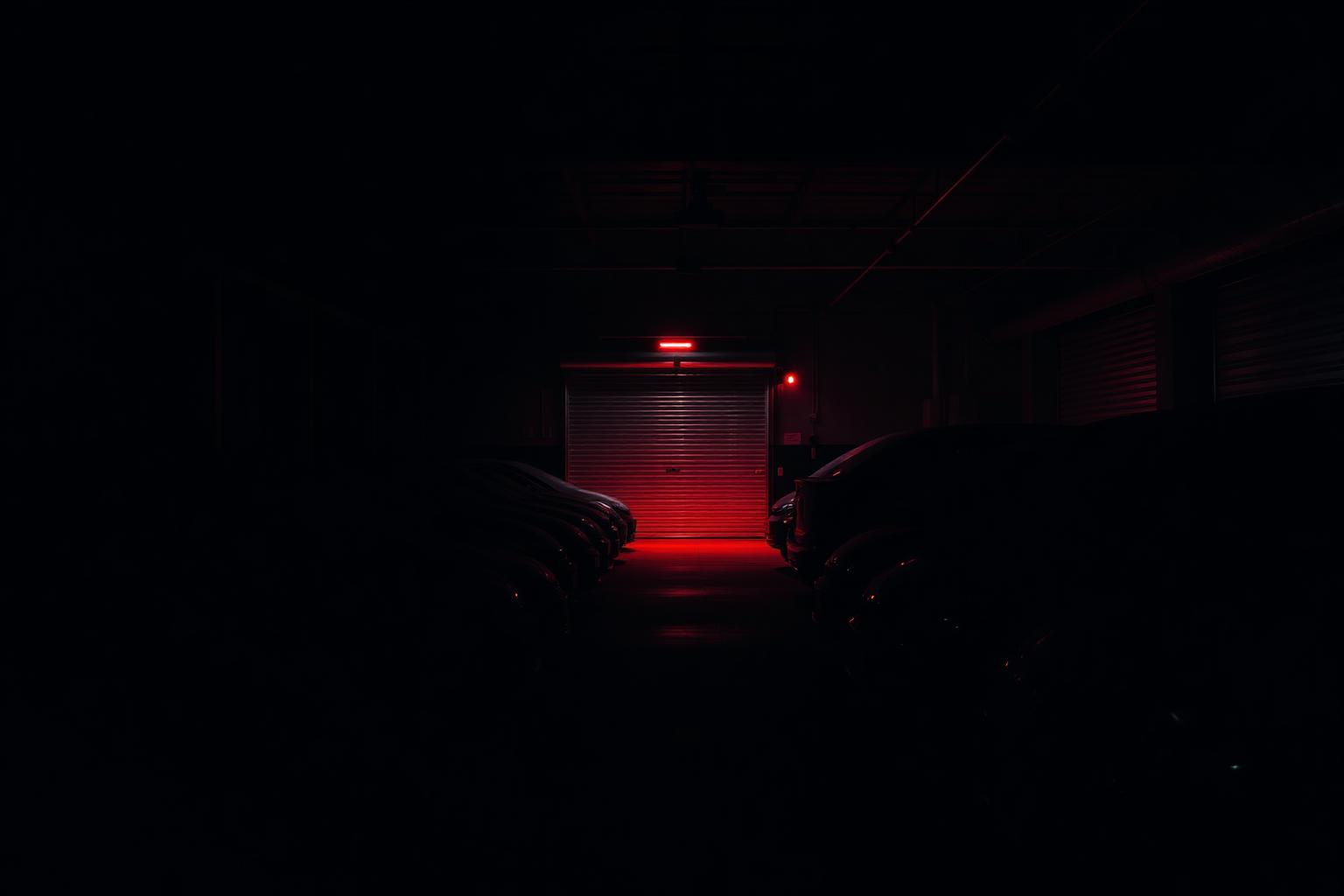 Secure indoor vehicle storage facility with covered cars and CCTV