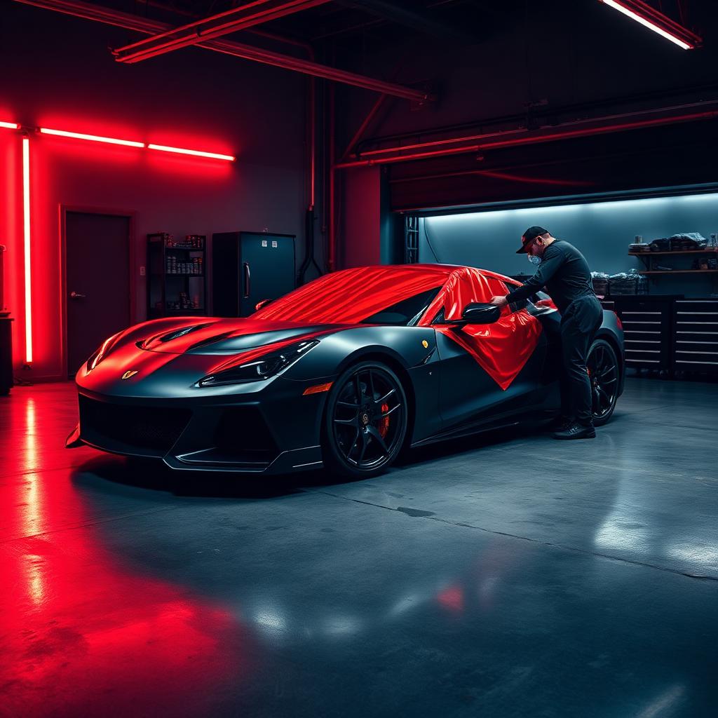 Custom sports car with body kit under red workshop lighting