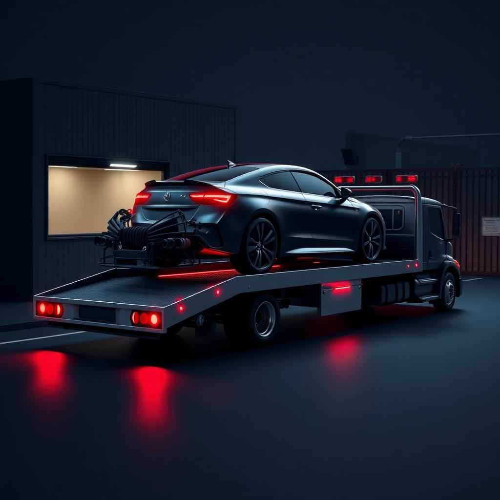 Flatbed recovery truck transporting a vehicle at night