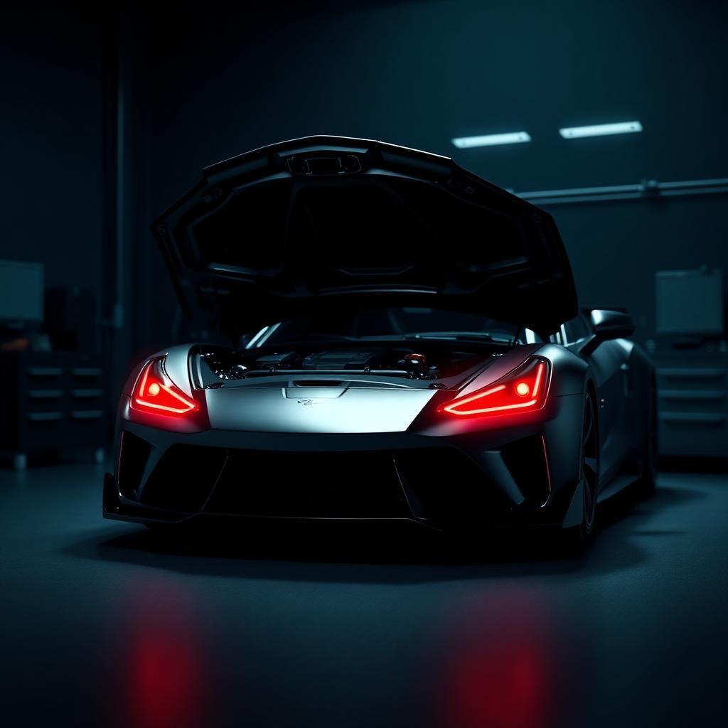 Sports car with bonnet open in a dark workshop